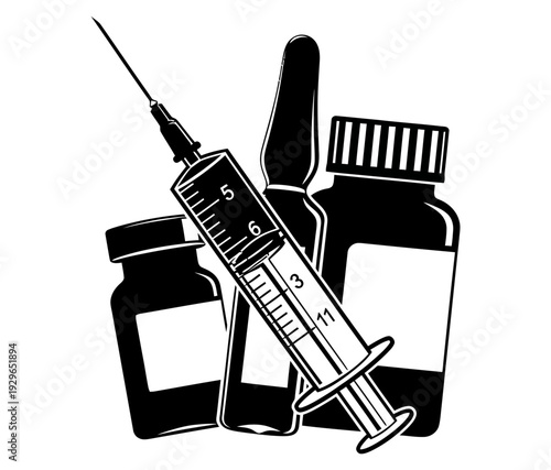 Medical syringe and medication bottles illustration symbolizing healthcare and pharmaceutical treatment options for patients worldwide daily