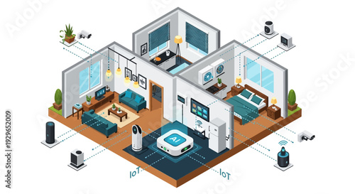 Isometric view of a modern smart home with automated devices and furniture