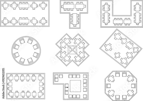 Conference room layout variations set, U shape T shape round square boardroom seating arrangement top view office furniture vector outline