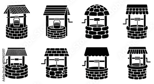 Set of six different black and white illustrations of traditional stone wells with various roof designs and architectural styles on a white background in a grid