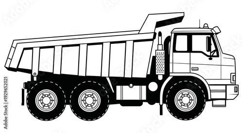 Large heavy dump truck with an open cargo bed illustrated in black and white style facing right side