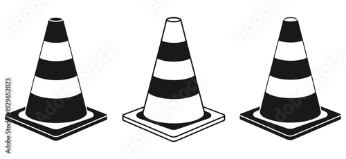 Three traffic cones standing upright on a plain white background, used for safety and traffic management purposes in various settings