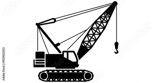 Heavy construction equipment crane vehicle with tracks and lifting hook for building projects and infrastructure development