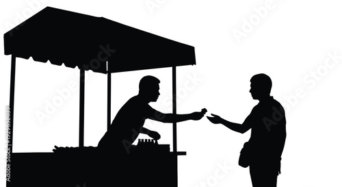 Vector illustration of a street vendor selling products to a customer at an outdoor stall graphic design.