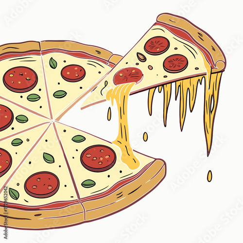 Delicious Italian pepperoni pizza vector illustration featuring a hot slice with melted cheese, tomato, and mushrooms isolated for a pizzeria snack or fast food restaurant meal