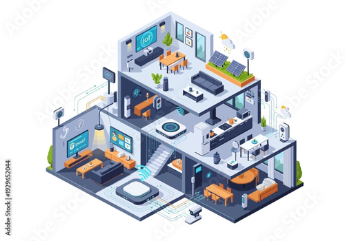 3D Isometric Illustration of a Modern Multi-Story Building with Various Rooms and Furniture