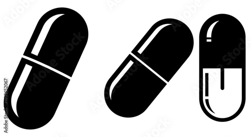 Black and white illustration of three pills or capsules showcasing different views and details in a simple graphic style
