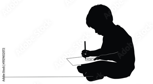 Silhouette vector graphic illustration of a young child sitting and drawing with a pencil on paper