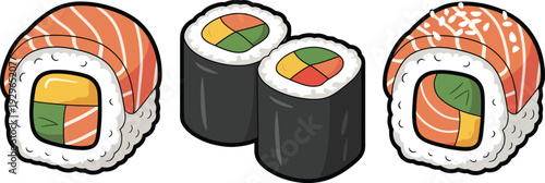 Japanese Sushi Roll Set Featuring Salmon Uramaki and Vegetable Maki Rolls with Sesame Seeds for Restaurant Menu and Food Branding