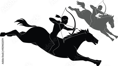 Mounted archer silhouette illustration, horse archer warrior action, ancient nomad combat scene, dynamic archery horseback vector, historical battle graphic design