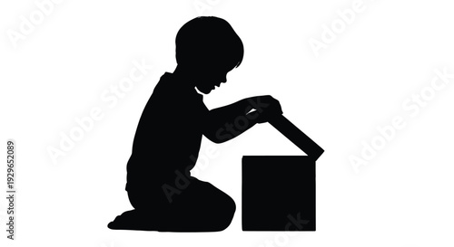 Young child's silhouette illustration capturing a moment of curiosity while opening a mystery box.