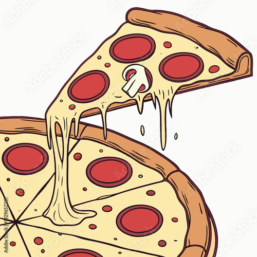 Delicious Italian pepperoni pizza vector illustration featuring a hot slice with melted cheese, tomato, and mushrooms isolated for a pizzeria snack or fast food restaurant meal