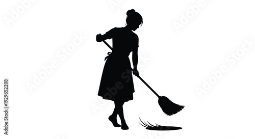Silhouette vector illustration of a woman wearing an apron diligently sweeping dirt with a traditional broom