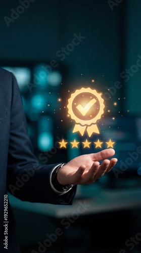 Premium Quality Certification with Five Star Rating and Approval Badge Concept, Customer Satisfaction Guarantee, Business Excellence Recognition, Vertical bg