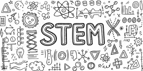 A whimsical black and white doodle illustration representing stem fields