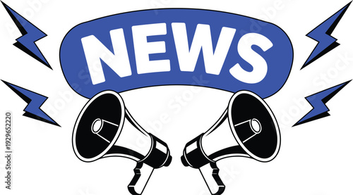 Breaking News Announcement Graphic with Blue Banner Megaphones and Lightning Bolts for Media Alerts and Urgent Press Releases