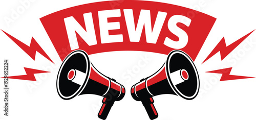 Breaking News Announcement Graphic with Red Banner Megaphones and Lightning Bolts for Urgent Media Alerts and Press Releases