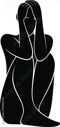 Sad woman silhouette illustration, depression mental health concept, lonely female sitting pose, emotional stress anxiety graphic, minimalist black vector design