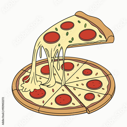 Delicious Italian pepperoni pizza vector illustration featuring a hot slice with melted cheese, tomato, and mushrooms isolated for a pizzeria snack or fast food restaurant meal