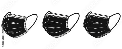 Three black face masks arranged side by side in a simple digital illustration with a clean white background for health and safety designs