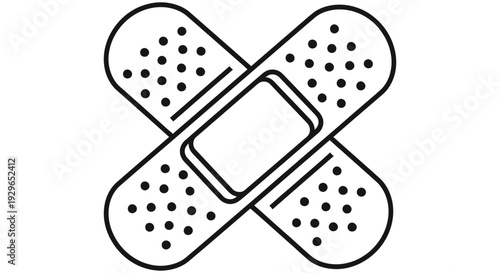 Simple black and white illustration of a band aid symbol on a clean white background representing health care and medical assistance
