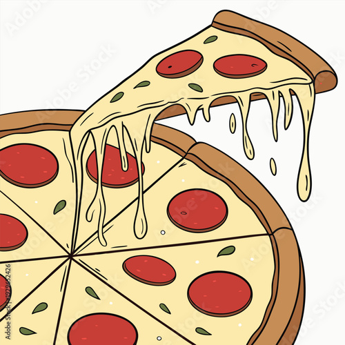 A tasty cartoon vector illustration of a delicious Italian pepperoni pizza slice with melted mozzarella cheese, tomato, and mushrooms for a fast snack or pizzeria dinner