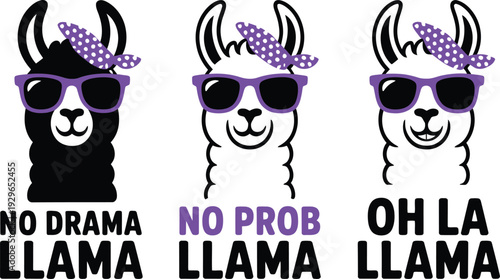 Cute Llama Mascot Set with Sunglasses and Headbands Featuring No Drama Llama and No Prob Llama Slogans for Summer Apparel and Stickers