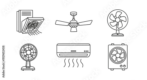 Various black and white illustrations of home cooling devices for indoor comfort and temperature regulation on a white background
