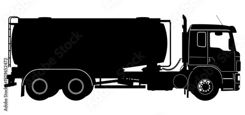 Large black tanker truck silhouette against a white background showcasing its detailed design and massive fuel capacity for transportation and logistics purposes in various industries.