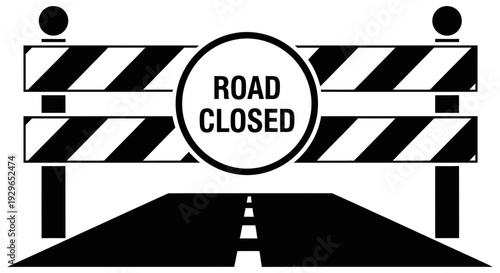 Road closure sign illustration showing barrier with road closed sign on it blocking the road with striped pattern indicating obstruction