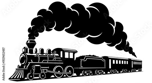 Vintage black and white illustration of a steam locomotive train with billowing smoke moving forward on the tracks with great detail and intricate designs