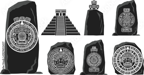 Aztec calendar stones and pyramid mayan