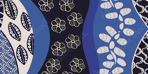 Abstract floral pattern with curved bands of blue white and navy