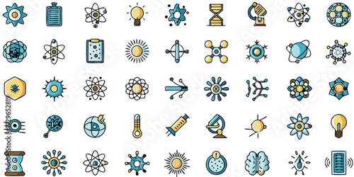 Colorful science icons depicting atoms technology and research concepts