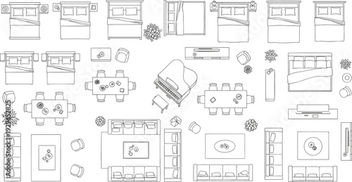Home furniture layout collection, bedroom living room dining area top view floor plan beds sofas tables interior vector outline set