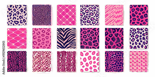 Collection of vibrant pink and purple animal print pattern cards