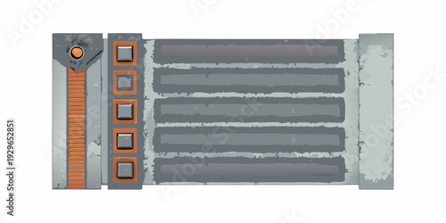 Stylized illustration of a metallic server rack with orange accents