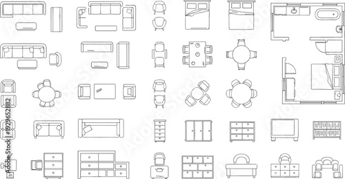 Home furniture layout collection, living room bedroom bathroom dining furniture top view floor plan vector outline illustration set