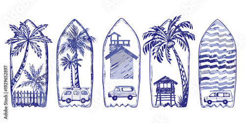 Sketch of surfboards featuring tropical scenes and vintage vehicles