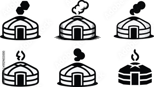 Black and white yurt with smoke traditional Mongolian nomadic house