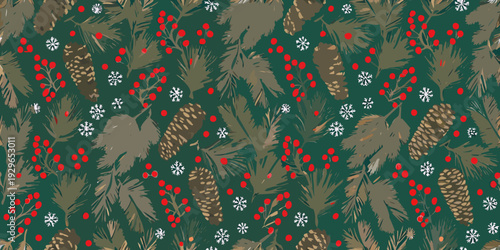 Festive christmas pattern with pinecones berries and snowflakes on green