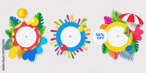 Colorful summer sale banners with tropical elements and discount offer