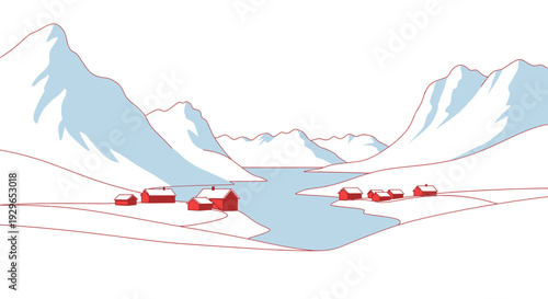 Red Vehicles Traveling Through Snowy Mountain Landscape.