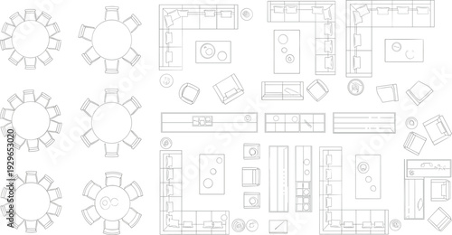 Living room and dining furniture layout set, sofa sectional round table arrangement top view interior floor plan vector outline collection