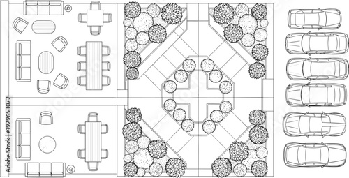 Landscape garden and patio furniture layout plan, backyard terrace design with parking cars top view architectural vector outline illustration