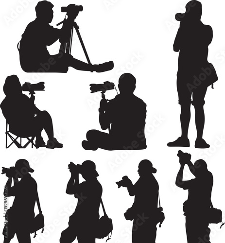 Silhouettes of photographers capturing moments with various camera equipment.