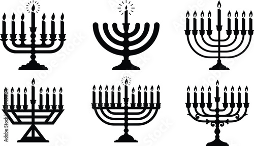 Black Menorahs on White Background hanukkah jewish candles candelabrum