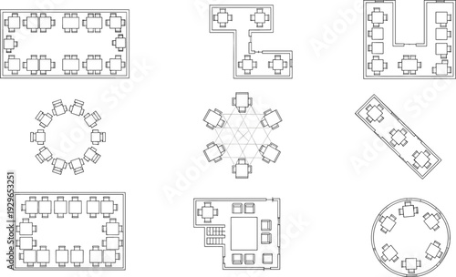 Office cafeteria floor plan layout set, dining table arrangements round rectangular U shape top view furniture blueprint vector outline illustration collection