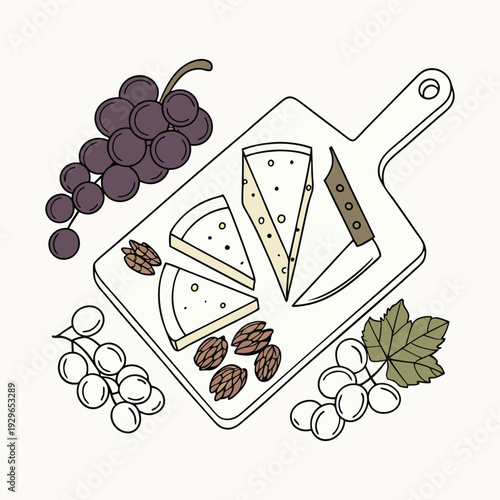 A vector illustration of a ripe bunch of grapes and a glass of wine features a green vine leaf and berry patterns in an artistic vineyard design for a winery