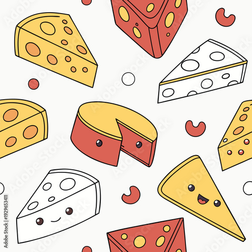 Seamless vector illustration of a cartoon food pattern featuring pizza slices with cheese and sausage along with bread and snacks for a colorful fast food meal background design